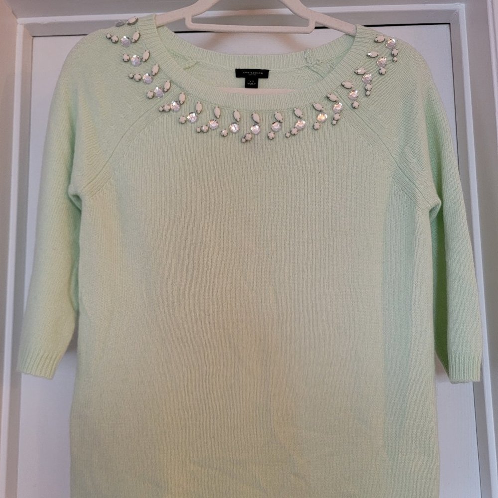 Ann Taylor Rhinestone Beaded Mint Green Sweater, Wool blend, Size XS, NWT